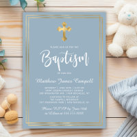 Modern Script Gold Cross Dusty Blue Boy Baptism