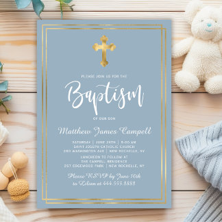 Modern Script Gold Cross Dusty Blue Boy Baptism Invitation