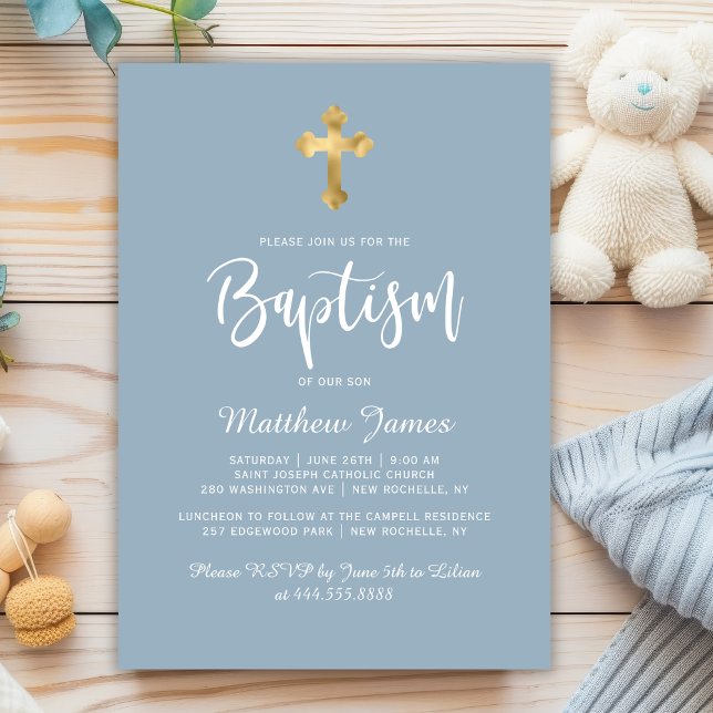 Modern Script Gold Cross Dusty Blue Boy Baptism Invitation (Creator Uploaded)
