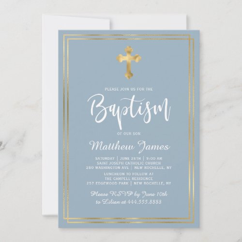 Modern Script Gold Cross Dusty Blue Boy Baptism Invitation