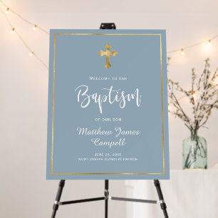Modern Script Gold Cross Dusty BlueBaptism Welcome Foam Board
