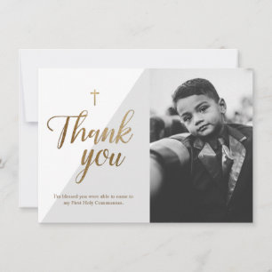 Modern Script Gold Cross Grey Boy First Communion Thank You Card