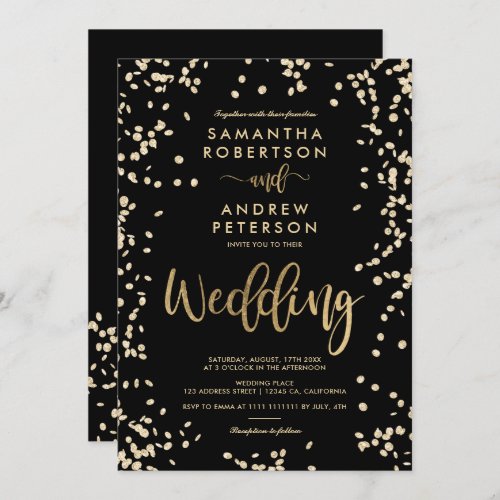 Modern script gold foil confetti black wedding invitation