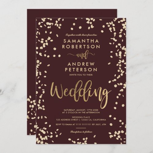 Modern script gold foil confetti burgundy wedding invitation
