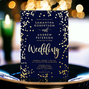 Modern script gold foil confetti navy blue wedding invitation