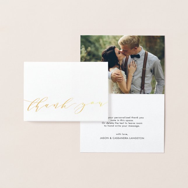 Modern Script Gold Foil Wedding Photo Thank You Foil Card (Display)