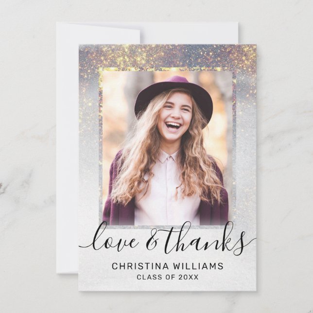 Modern Script Gold Glitter 2 Photo Graduation Than Thank You Card (Front)