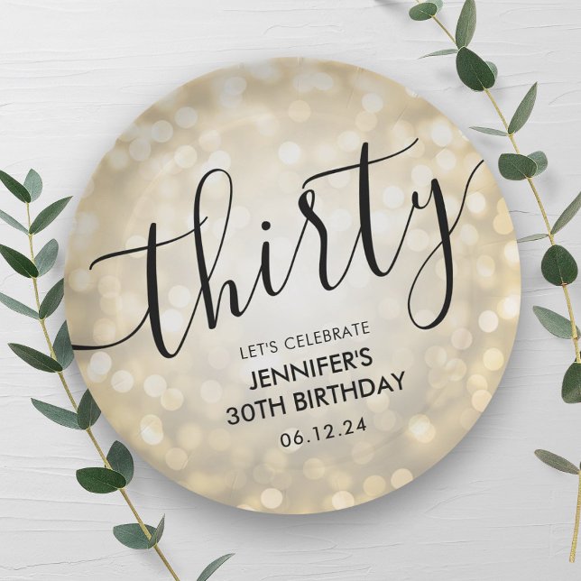Modern Script Gold Glitter Lights 30th Birthday  Paper Plates (Modern Script Gold Glitter Lights 30th Birthday Paper Plates)