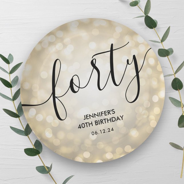 Modern Script Gold Glitter Lights 40th Birthday  Paper Plates (Modern Script Gold Glitter Lights 40th Birthday Paper Plates)