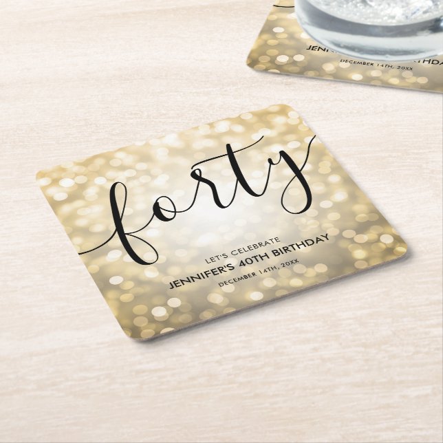 Modern Script Gold Glitter Lights 40th Birthday  Square Paper Coaster (Angled)