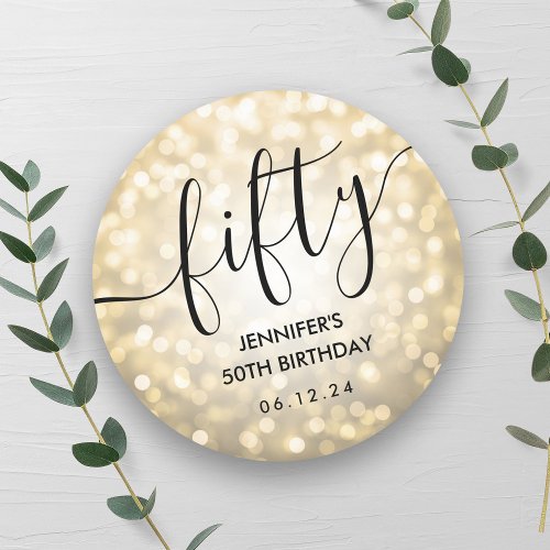 Modern Script Gold Glitter Lights 50th Birthday  Classic Round Sticker