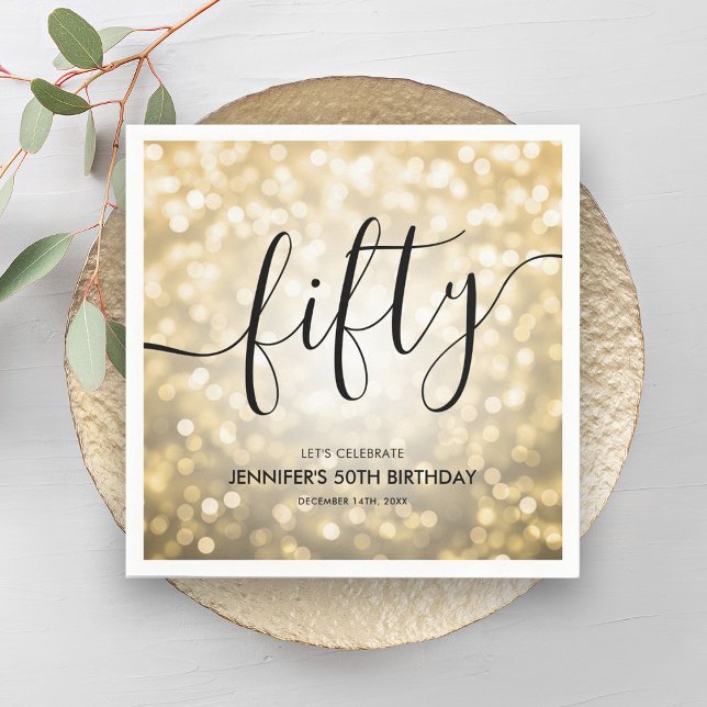 Modern Script Gold Glitter Lights 50th Birthday  Napkins (Modern Script Gold Glitter Lights 50th Birthday Napkins)