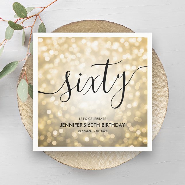 Modern Script Gold Glitter Lights 60th Birthday  Napkins (Modern Script Gold Glitter Lights 60th Birthday Napkins)