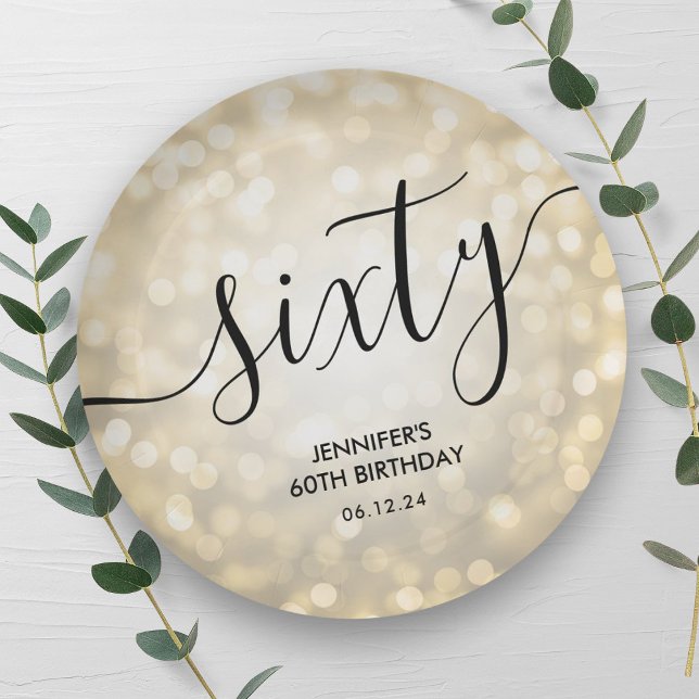 Modern Script Gold Glitter Lights 60th Birthday  Paper Plates (Modern Script Gold Glitter Lights 60th Birthday Paper Plates)