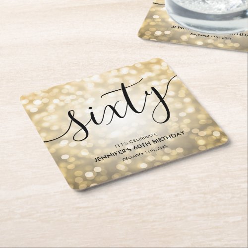 Modern Script Gold Glitter Lights 60th Birthday  Square Paper Coaster