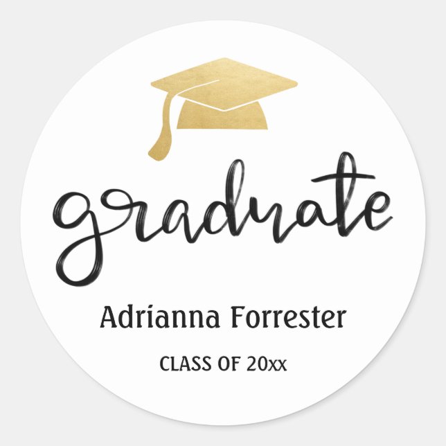 Modern Script Gold Graduate Hat Elegant Classic Round Sticker (Front)