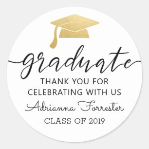 Modern Script Gold Graduate Hat   Thank You Classic Round Sticker