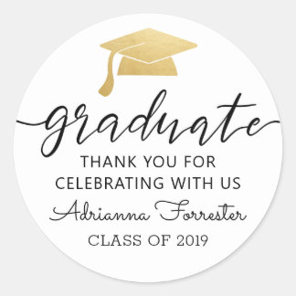 Modern Script Gold Graduate Hat | Thank You Classic Round Sticker