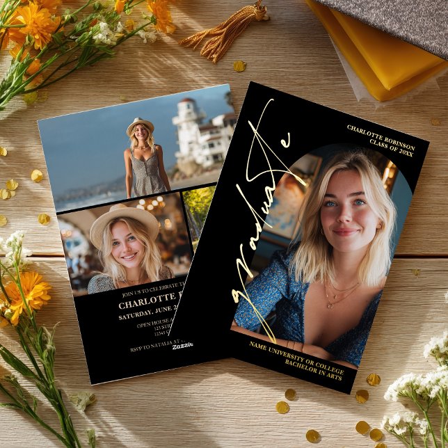  Modern Script gold graduate photo graduation Foil Invitation (Modern Script gold graduate photo graduation Foil Invitation)