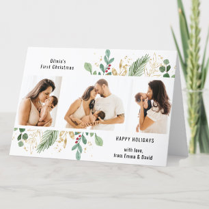 Modern Script Gold Greenery Baby First Christmas Holiday Card
