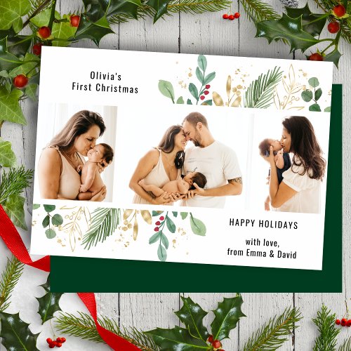 Modern Script Gold Greenery Baby First Christmas Holiday Card