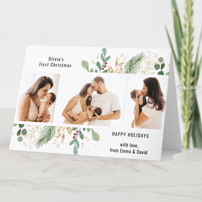 Modern Script Gold Greenery Baby First Christmas Holiday Card (Creator Uploaded)