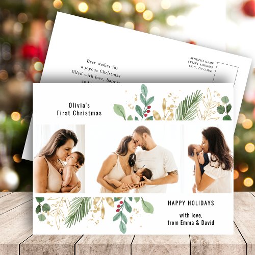 Modern Script Gold Greenery Baby First Christmas Holiday Postcard