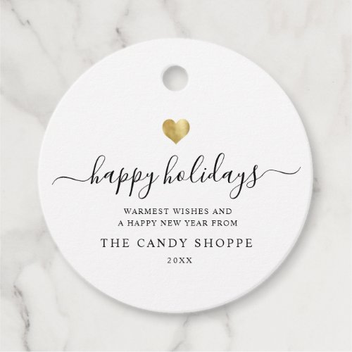 Modern Script Gold Heart Happy Holiday Business Favor Tags