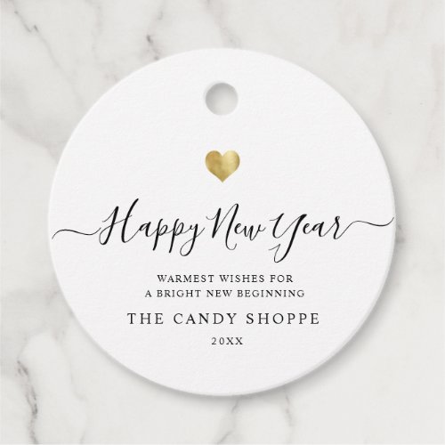 Modern Script Gold Heart Happy New Year Business Favor Tags