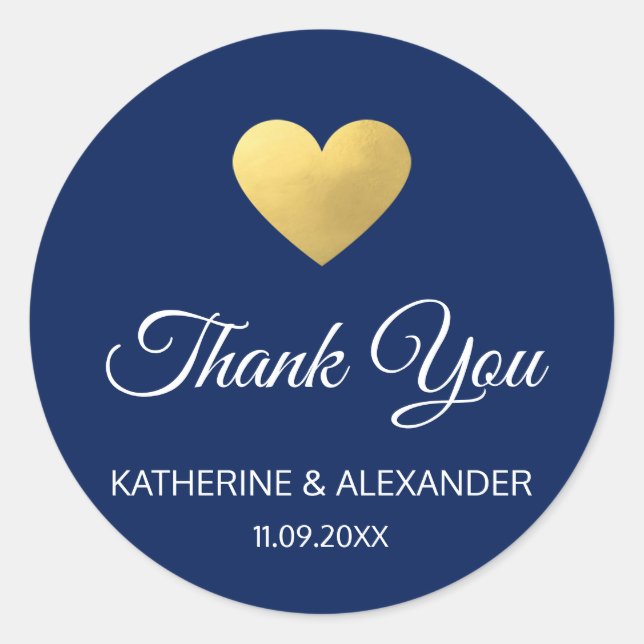 Modern Script Gold Heart Navy Blue Wedding Seals (Front)