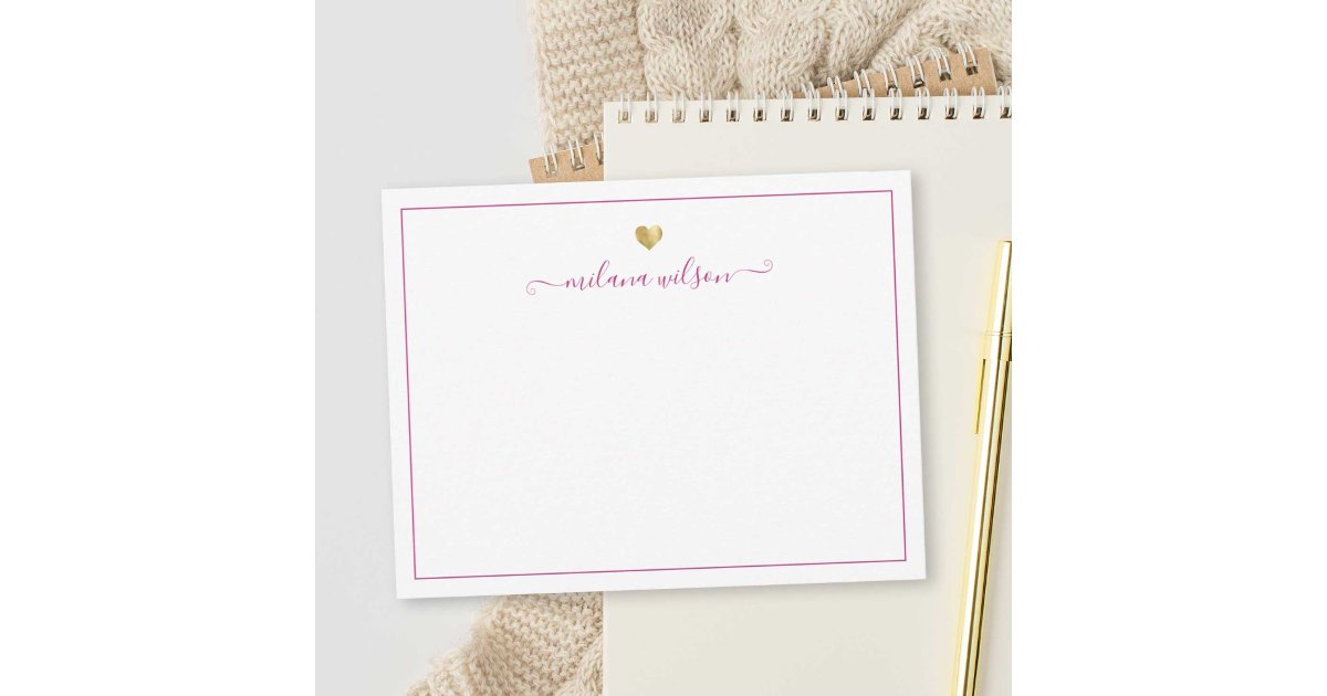Modern Script Gold Heart Personalized Pink Girly Note Card | Zazzle