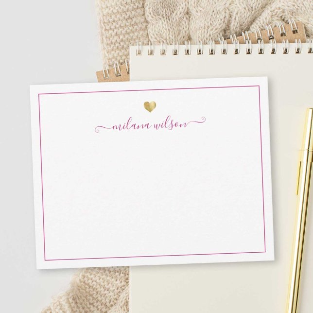 Modern Script  Gold Heart Personalized Pink Girly Note Card (Creator Uploaded)