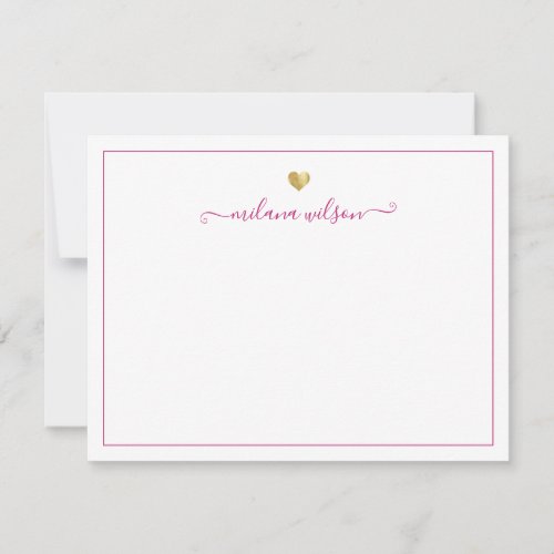 Modern Script  Gold Heart Personalized Pink Girly Note Card