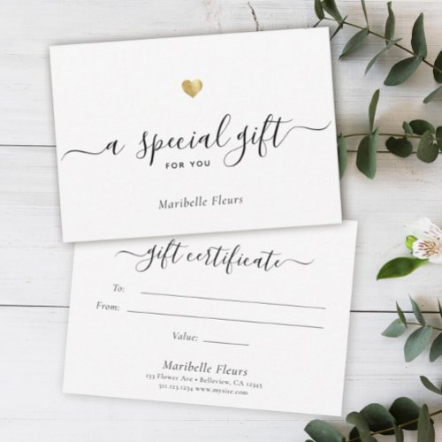 Modern Script Gold Heart Special Gift Certificate