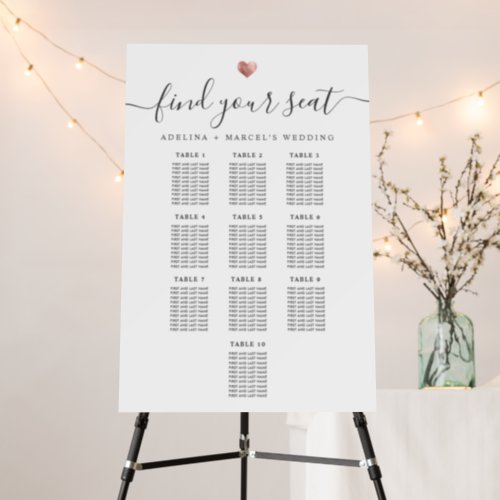 Modern Script Gold Heart Wedding Seating Chart 10 Foam Board