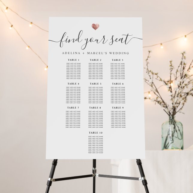 Modern Script Gold Heart Wedding Seating Chart 10 Foam Board (In Situ (Stand))