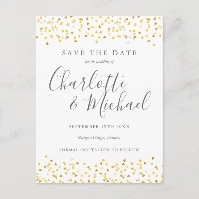 Modern Script Gold Hearts Confetti Save the Date Announcement Postcard (Front)