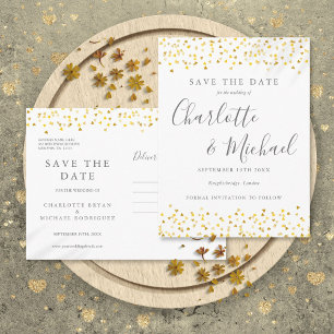 Modern Script Gold Hearts Confetti Save the Date Announcement Postcard