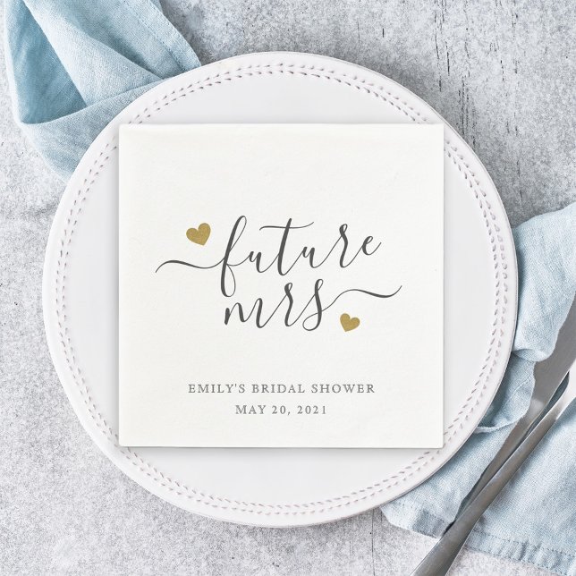 Modern Script Gold Hearts Future Mrs Bridal Shower Napkins (Creator Uploaded)