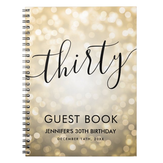 Modern Script Gold Lights 30th Birthday GUEST BOOK (Front)