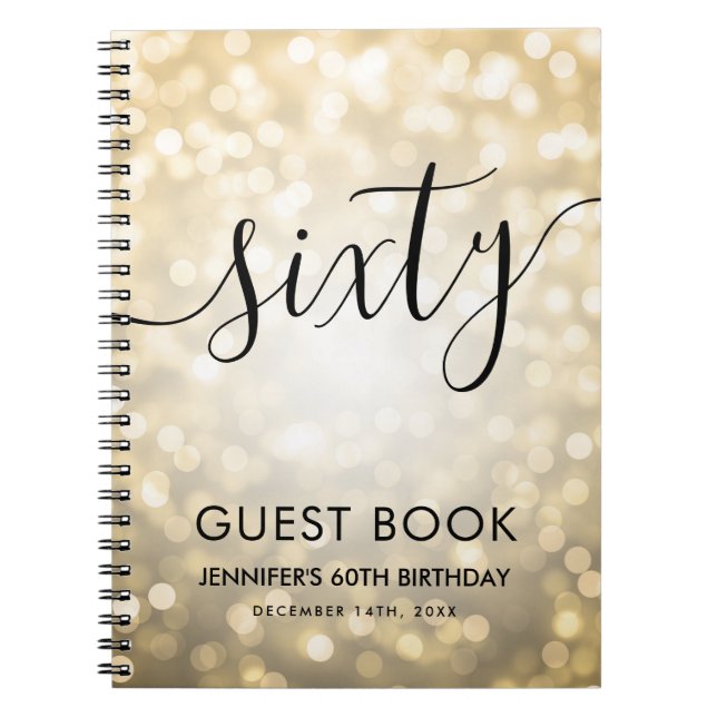 Modern Script Gold Lights 60th Birthday GUEST BOOK (Front)