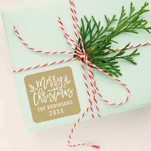 Modern Script Gold Merry Christmas Family Name Square Sticker