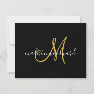 Modern Script Gold Monogram Black Note Card