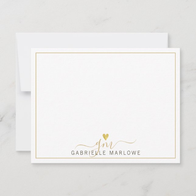 Modern Script Gold Monogram Heart Initials Note Card (Front)