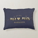 Modern Script Gold Mr and Mrs Newlyweds Gift Accent Pillow<br><div class="desc">This modern calligraphy Mr Mrs throw pillow personalized with the couple's last name, and wedding year! Golden text looks bright and festive against dark navy background. You can change the background color to any other color, but it's better to choose a dark one so that the text is clearly visible....</div>