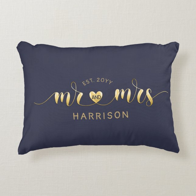 Modern Script Gold Mr and Mrs Newlyweds Gift Accent Pillow (Front)