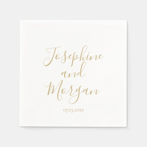 Modern script gold names date elegant wedding napkins