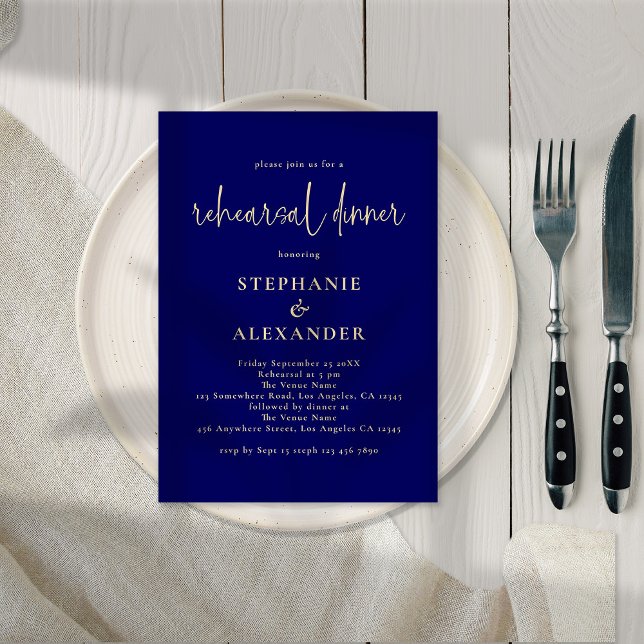 Modern Script Gold Navy Blue Rehearsal Dinner Invitation (Creator Uploaded)