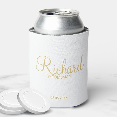 Modern Script Gold Personalized Groomsman Can Cooler
