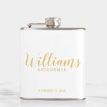 Modern Script Gold Personalized Groomsmen Flask<br><div class="desc">Modern Script White and Gold Personalized Groomsmen Flask featuring personalized groomsman's name in gold modern calligraphy font style with title and wedding date in modern sans serif font style on white background. Also perfect for Father of the Bride, Best man and more. Please Note: The foil details are simulated in...</div>